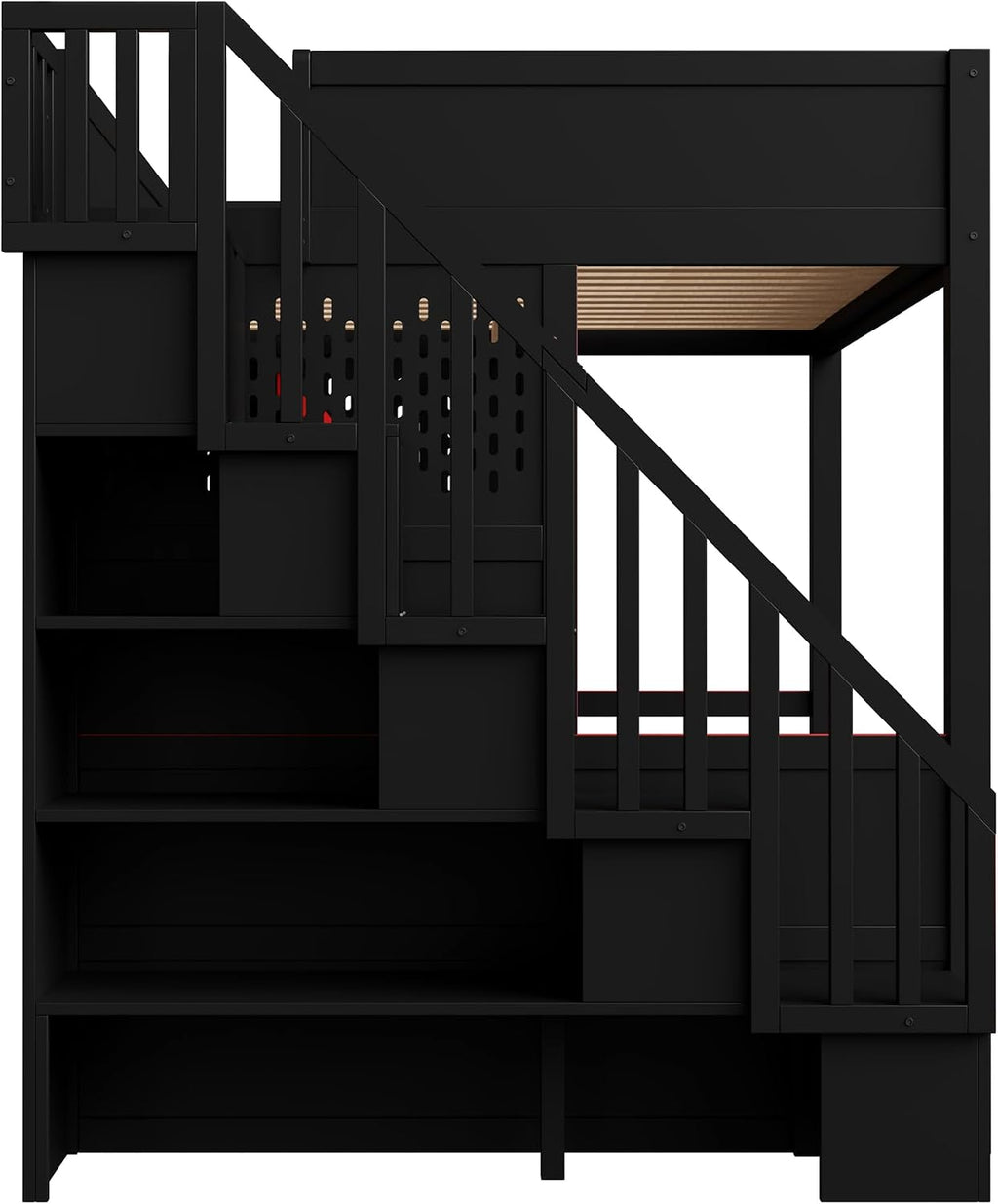 Merax Full Szie Gaming Loft Bed with Desk and Storage Staircase,LED Lights and USB, Red+Black