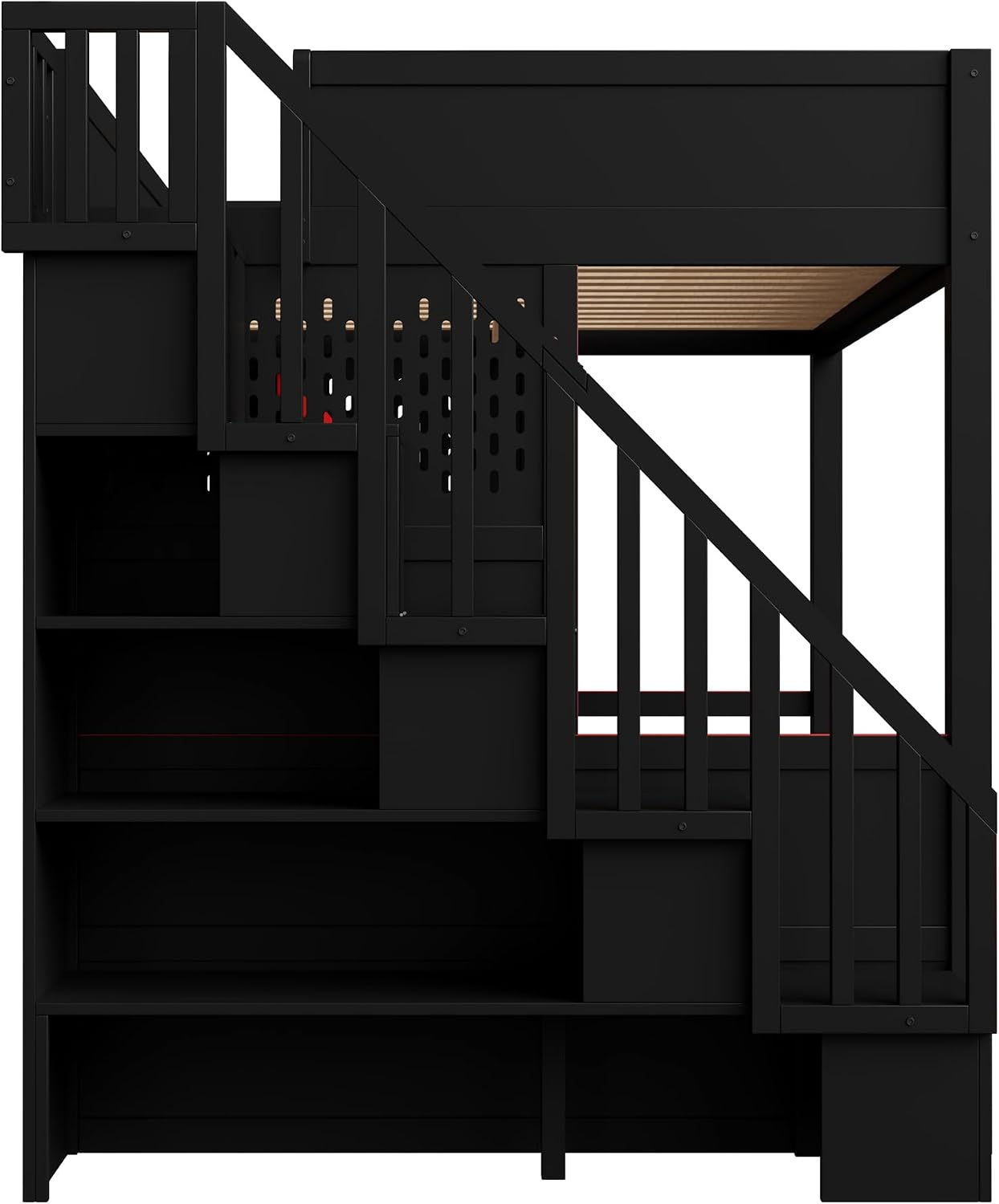 Merax Full Szie Gaming Loft Bed with Desk and Storage Staircase,LED Lights and USB, Red+Black