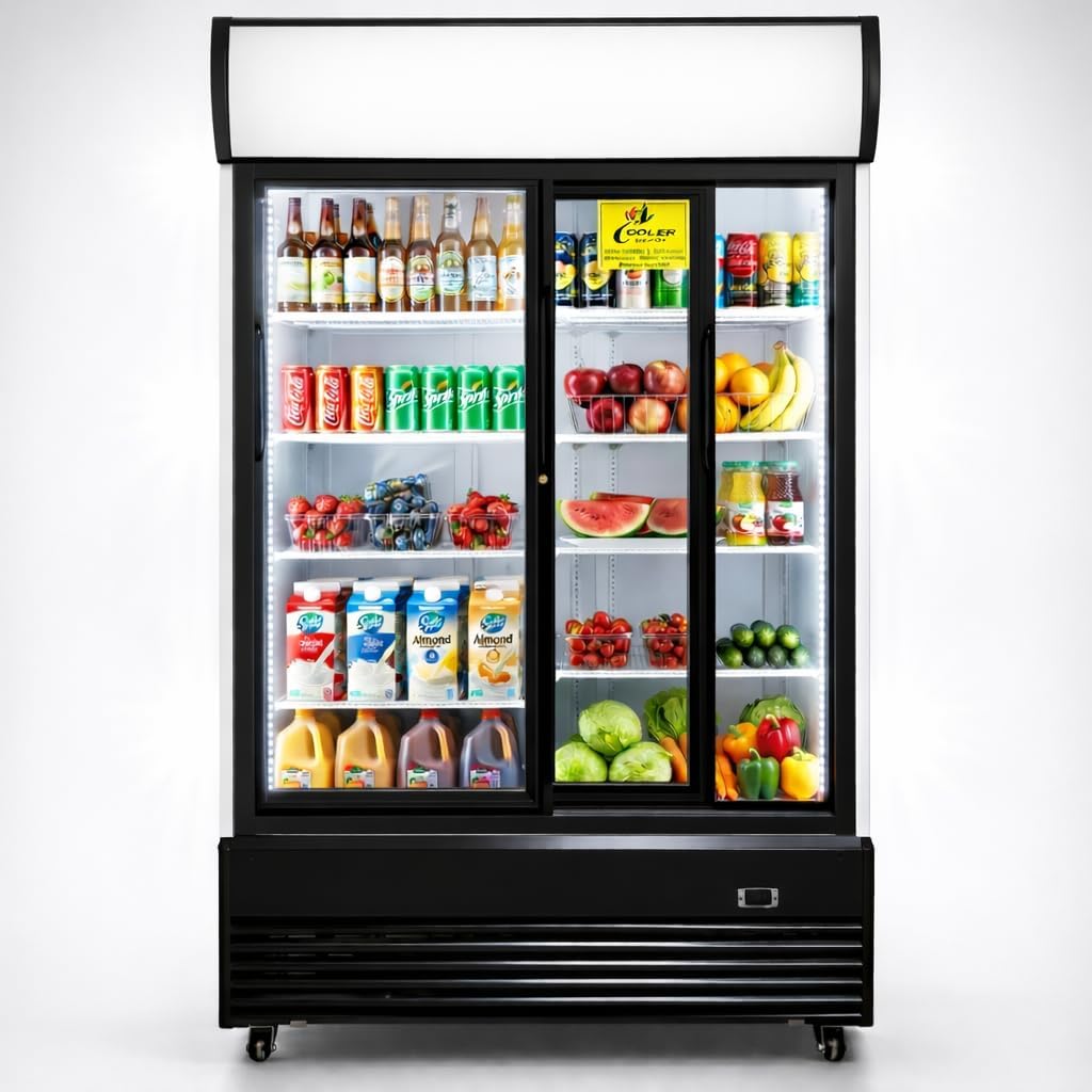 Commercial Refrigerator Glass 2-Door Sliding Door Merchandiser Display Cooler Beverage Fridge Drink cooler NSF Certified, 48 inches width, capacity 40 cuft 110V, Restaurant Kitchen Cafe LCG-1000BFS