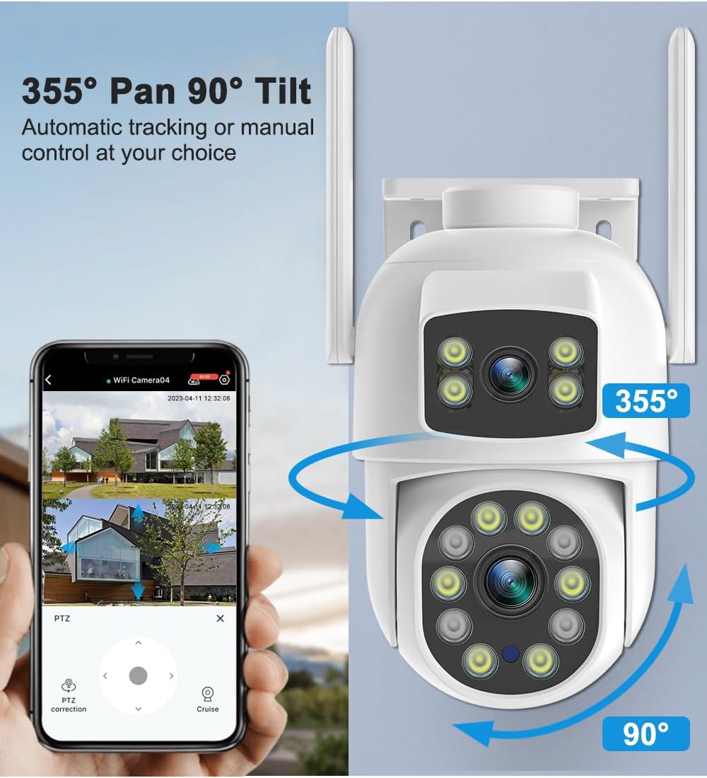 EVERSECU Dual Lens Linkage 6MP WiFi PTZ Security Camera Outdoor, 360° View, Auto Tracking, Motion Detection, Color Night Vision, 2-Way Audio, Compatible with Alexa(4pack)