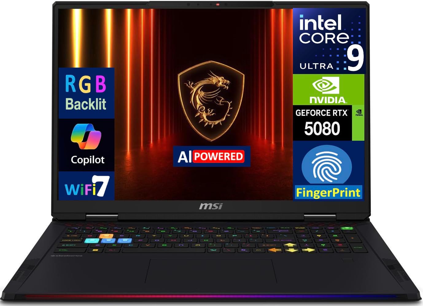 msi Raider 18 HX AI Gaming Laptop 18' 120Hz Mini LED 4K Display (Intel Ultra 9-285HX, GeForce RTX 5080, 64GB DDR5, 2x2TB SSD, Copilot, FP Reader, Thunderbolt 5, Win11Home) w/Dockztorm Hub