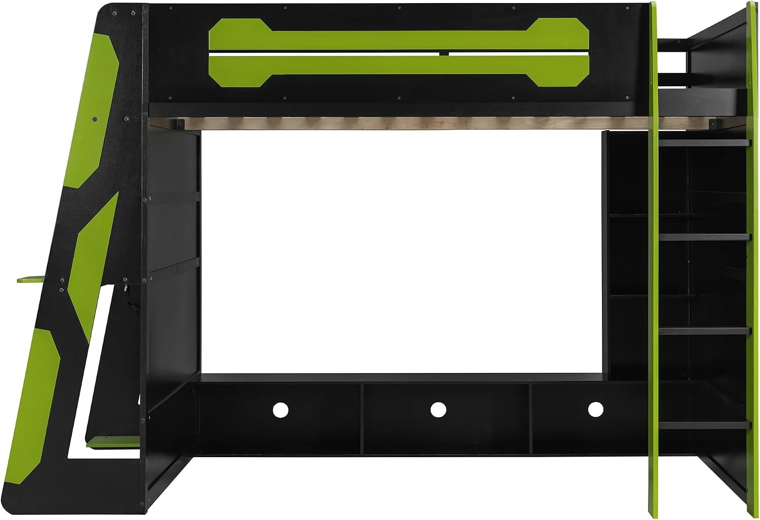 Merax Full Size Loft Bed with Desk and Multi-Storage Shelves, Wooden Gaming Loft Bed Frmae with Light and Charging Station, Space-Saving Bed with Safety Guardrail, No Box Spring Needed, Green