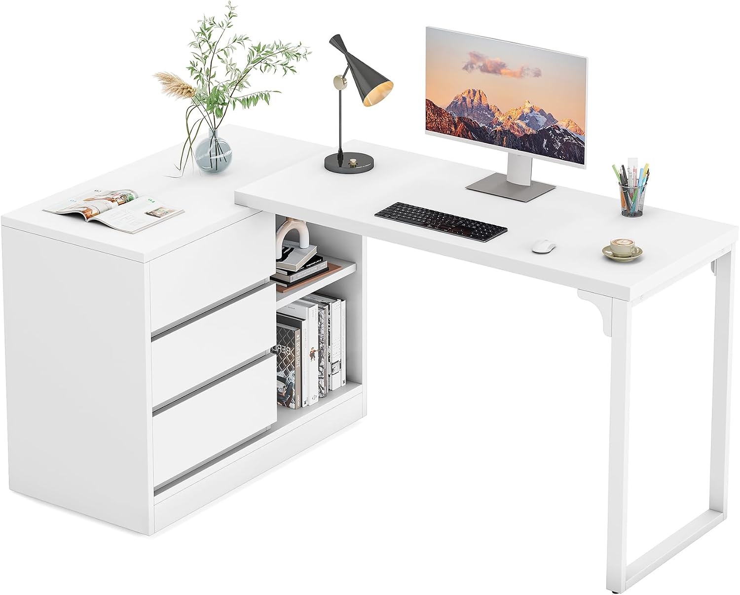 Tribesigns L-Shaped Computer Desk with Drawers and Shelves, Reversible White Corner Office Desk with Storage Cabinet, Modern Study Writing Table for Home Office, Bedroom