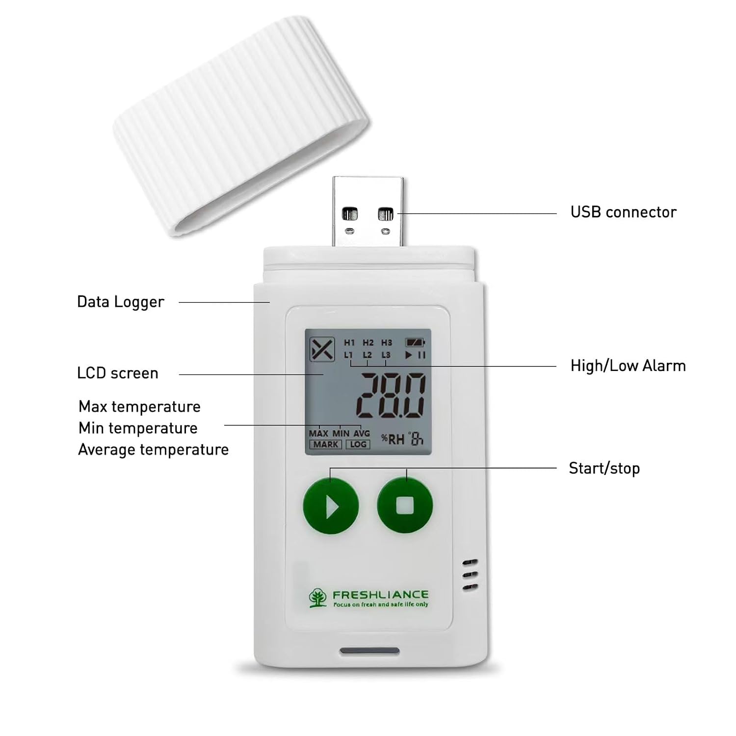 Freshliance USB Temperature Data Logger Recorder, Configurable LCD Digital Refrigerator Thermometer with PDF or CSV Report, Reuseable Temperature Monitor for 35000 Points, Tagplus-T