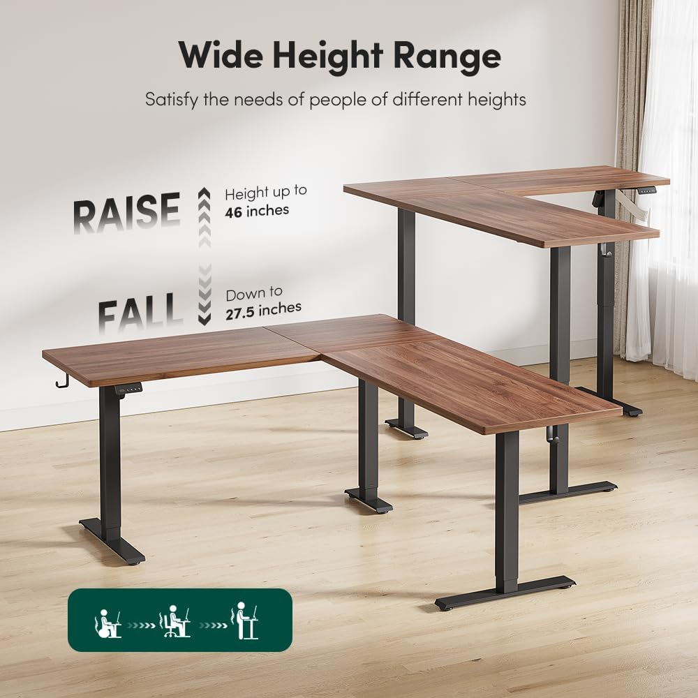 FEZIBO 75x63 L Shaped Standing Desk, Electric Height Adjustable L Shaped Desk, Suitable for Home Office, Black Walnut