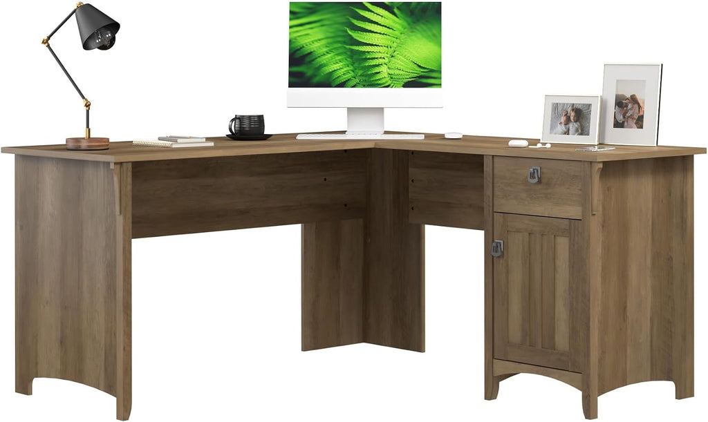 Bush Home L Shaped Desk with Storage for Home Office, Modern Farmhouse Corner Table with Drawers and Cabinets, Salinas Collection, Reclaimed Pine