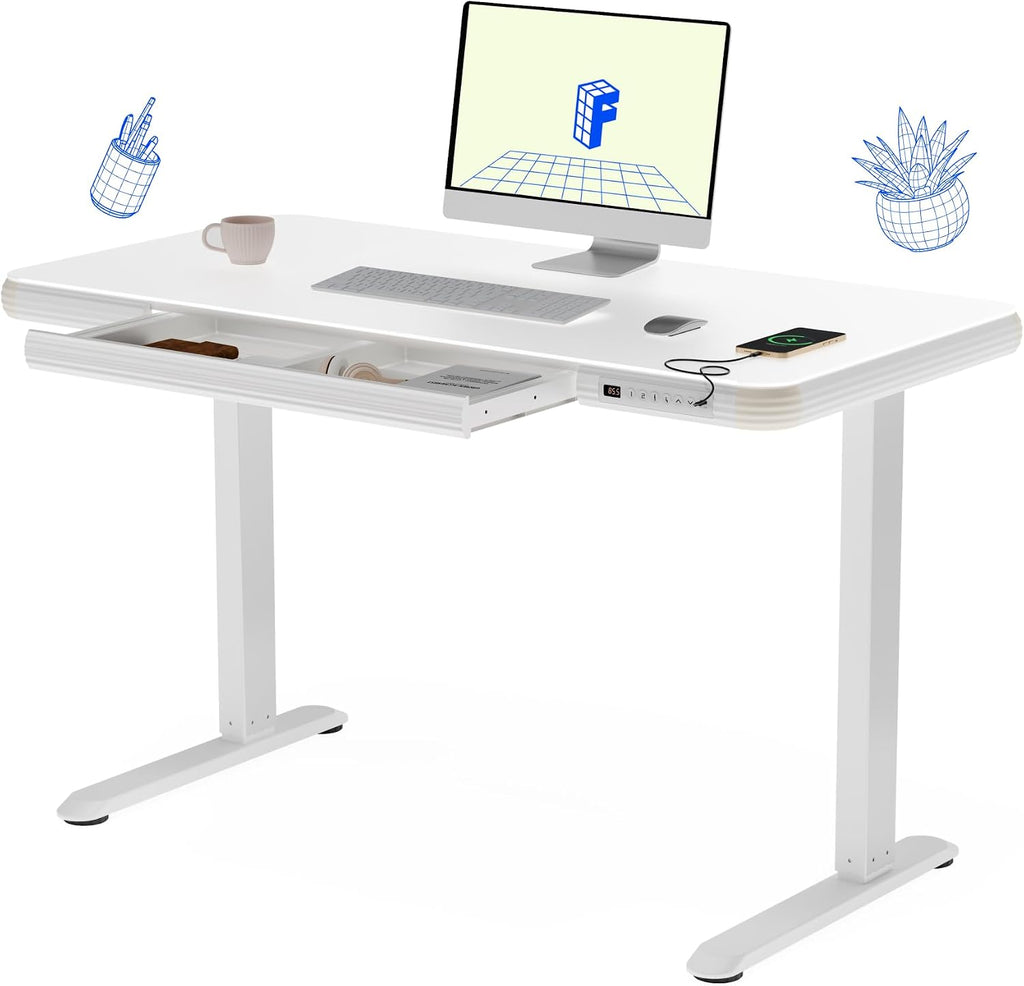 FLEXISPOT Comhar Electric Pure Glass Standing Desk with Drawer Desktop & USB Charge Ports, 48' Ergonomic Height Adjustable Sit to Stand Desk for Home Office (White, Glass)
