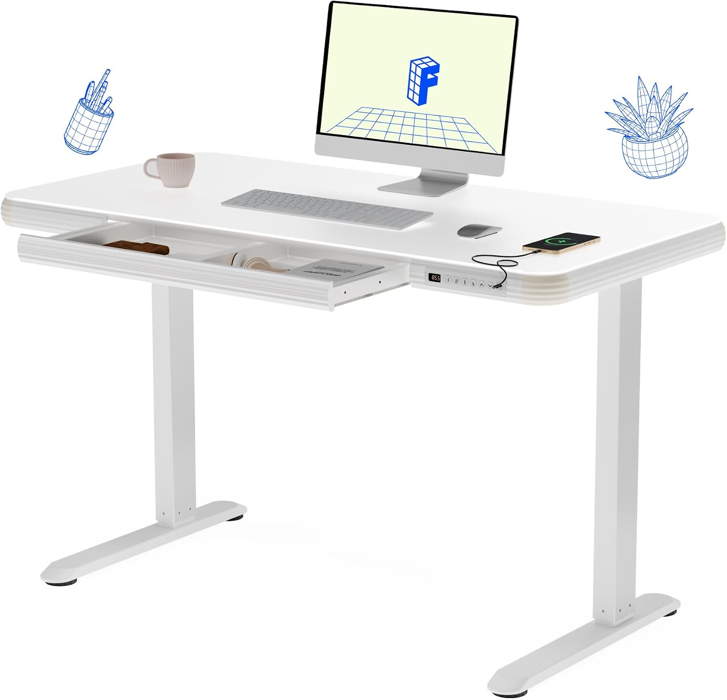 FLEXISPOT Comhar Electric Pure Glass Standing Desk with Drawer Desktop & USB Charge Ports, 48' Ergonomic Height Adjustable Sit to Stand Desk for Home Office (White, Glass)
