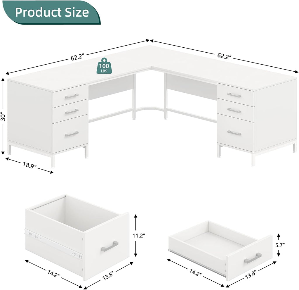 TVU 59'' L Shaped Desk with 6 Wooden Drawers, Large Home Office Corner Computer Desk with Storage File Cabinet, Modern Metal Wood Desk for Executive Writing Study Workstation, White