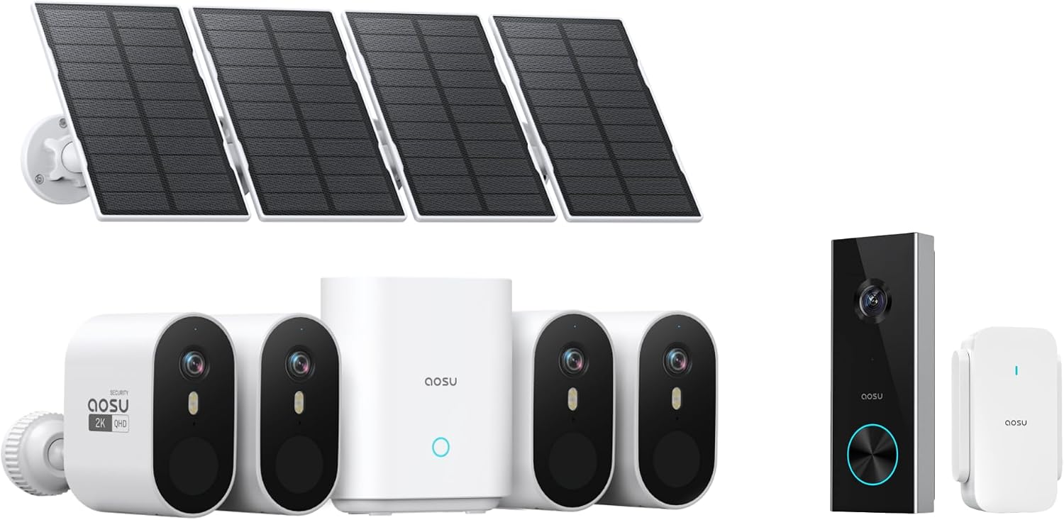 AOSU SolarCam Pro System 4-Kit + 2K Doorbell Camera - No Monthly Fee