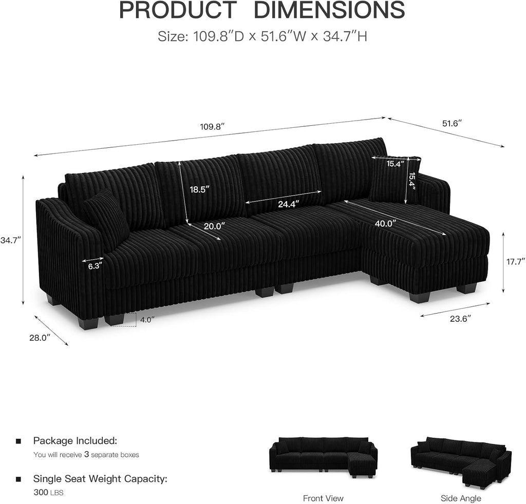 Belffin Sectional Couch with L-Shape Chaise L Shaped Couch with Ottoman Sectional Couches for Living Room Corduroy (Black, L Shaped)