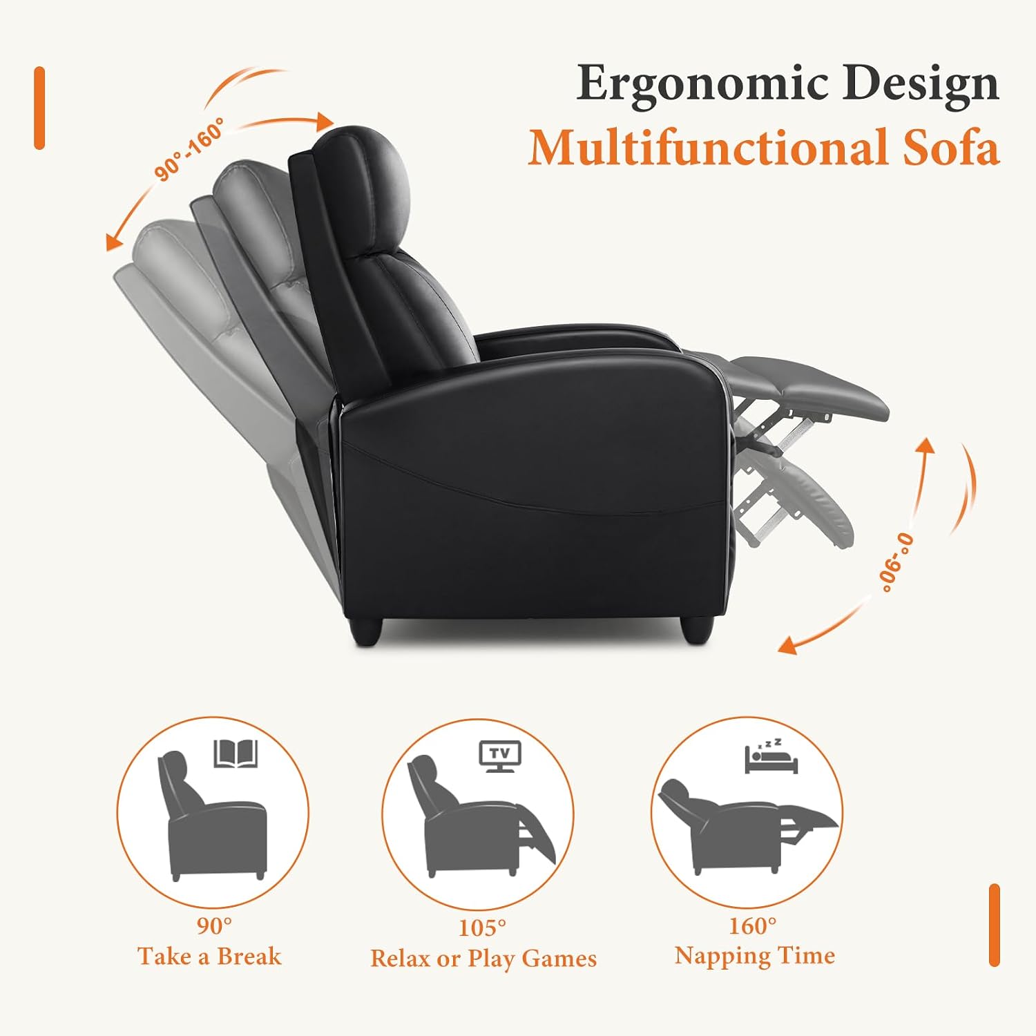 Sweetcrispy Recliner Chair PU Leather Recliner Sofa No Massage, Home Theater Seating with Lumbar Support, Adjustable Push Back Overstuffed High-Density Sponge Reclining for Living Room, Black