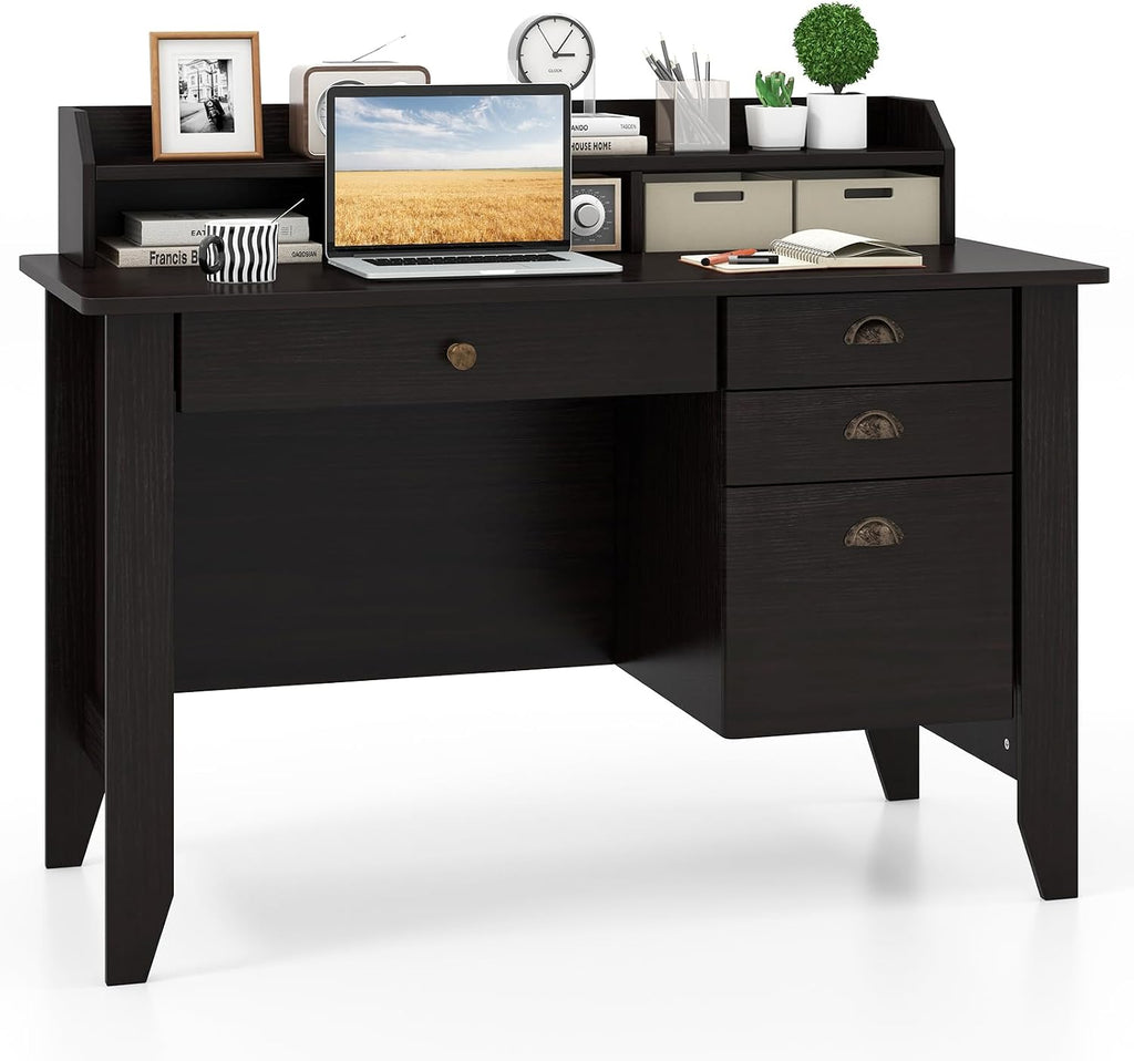 Tangkula Computer Desk with 4 Storage Drawers & Hutch, Home Office Desk Vintage Desk with Storage Shelves, Wooden Executive Desk Writing Study Desk (Black)