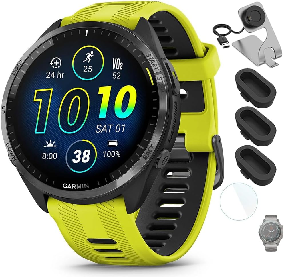Garmin 010-02809-02 Forerunner 965 Running Smartwatch Amp Yellow and Black Bundle with Deco Essentials Charging Dock, Silicone Dust Cover 3 Pack and 1.4 Inch Screen Protector