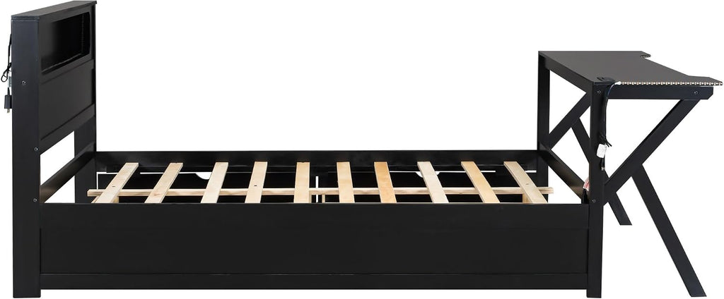 Merax Full Size Gaming Platform Bed with LED Headboard and LED Desk, Wooden Corner Bed with USB and Two Storage Drawers