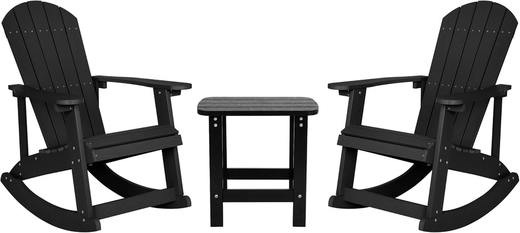 Flash Furniture Set of 2 Savannah Adirondack Rocking Chairs - Commercial Grade All-Weather Black Poly Resin Wood - Matching Side Table