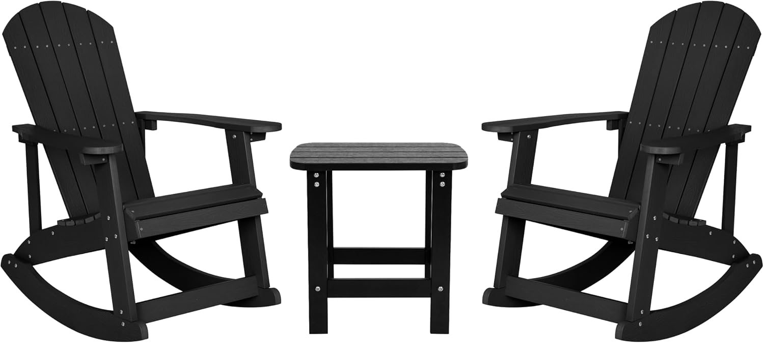 Flash Furniture Set of 2 Savannah Adirondack Rocking Chairs - Commercial Grade All-Weather Black Poly Resin Wood - Matching Side Table