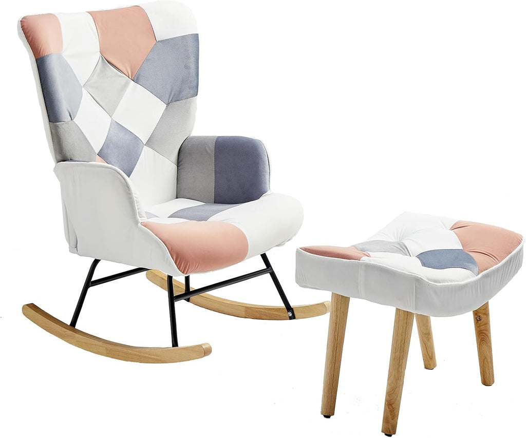 Nursery Rocking Chair, Baby Toddler Glider Rocker with Ottoman, Comfy Accent Chair, for Bedroom Living Room Small Spaces, Patchwork Velvet, Pink