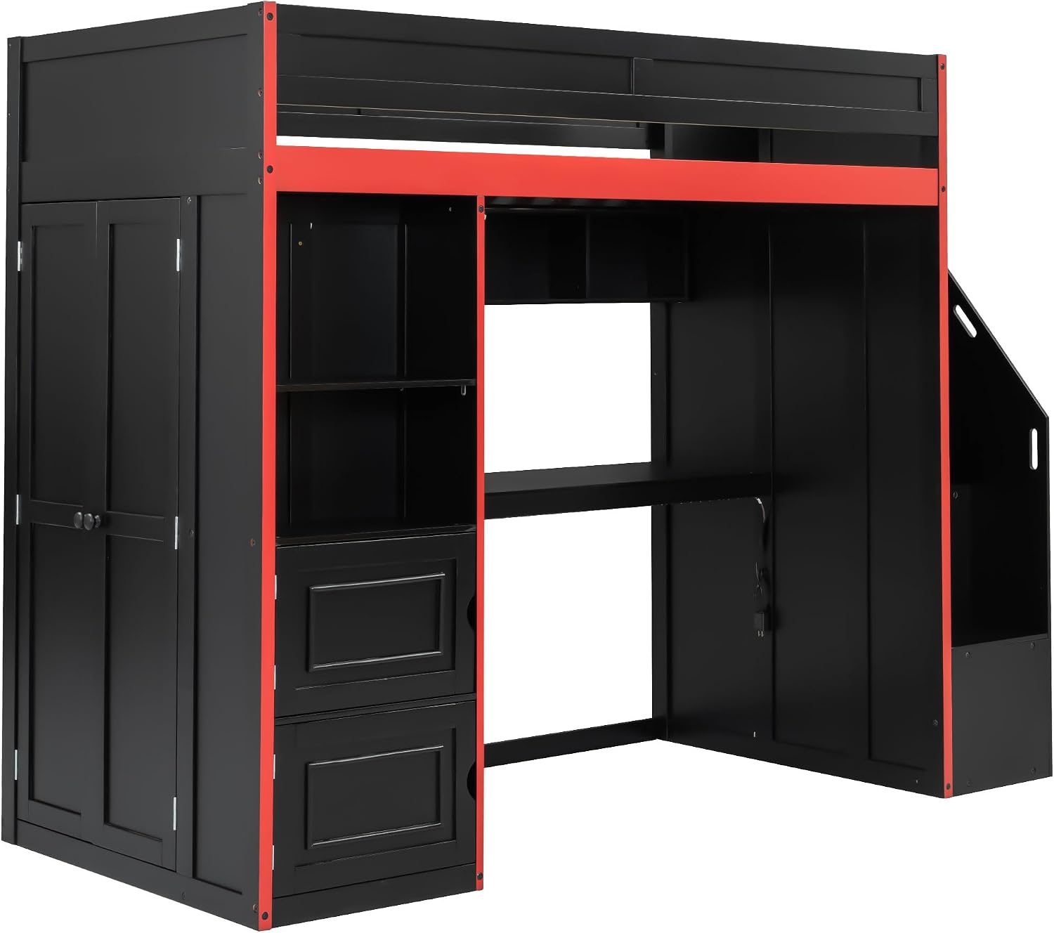 SOFTSEA Twin Size Gaming Loft Bed with Desk & Storage Stairs, Solid Wood Loft Bed with LED Lights, Wardrobe and Shelves, Space-Saving Gaming Bed for Kids Teens Adults, Black + Red