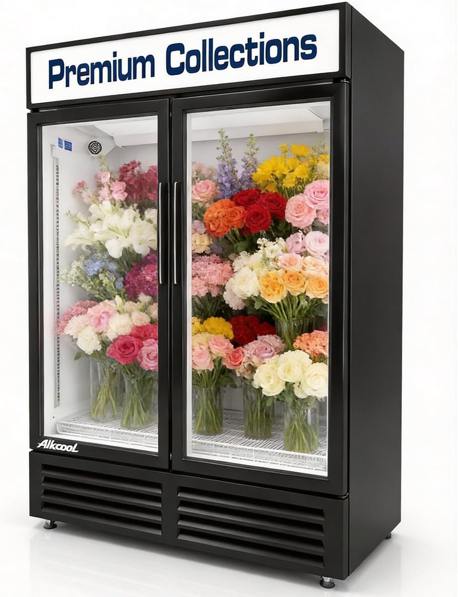 Commercial Flower Beverage Refrigerator Floral Display Fridge,Two Glass Door Drink Cooler with LED Light Adjustable Shelves,ETL Sanitation,46 Cu Ft,54' Wide,Wheels Included