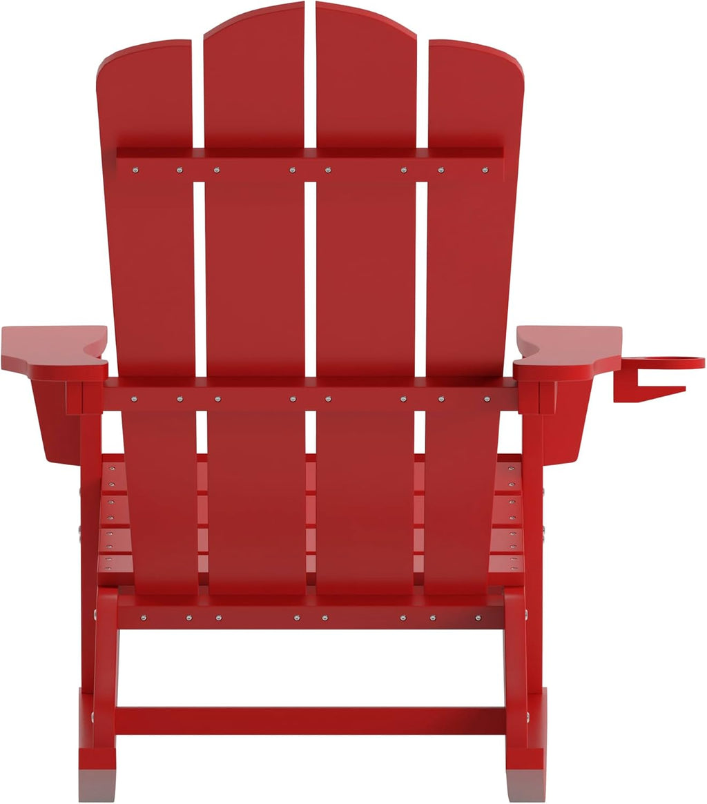 EMMA + OLIVER Tiverton Adirondack Rocking Chair with Cup Holder, Weather Resistant Poly Resin Adirondack Rocking Chair, Red