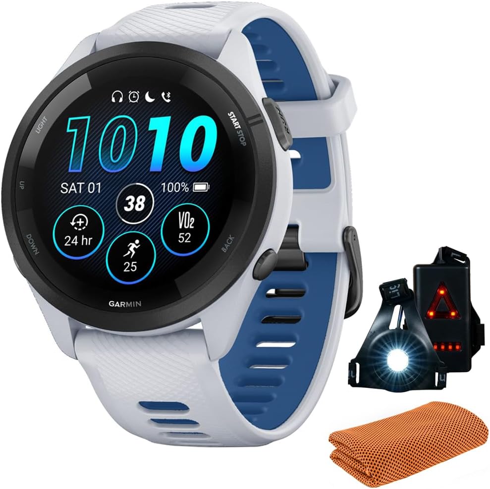 Garmin 010-02810-01 Forerunner 265 GPS Smartwatch, Whitestone/Tidal Blue | Official USA Partner Model | Bundle with Sport Towel + Deco Essentials Wearable Commuter Front & Rear Safety Light