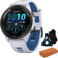 Garmin 010-02810-01 Forerunner 265 GPS Smartwatch, Whitestone/Tidal Blue | Official USA Partner Model | Bundle with Sport Towel + Deco Essentials Wearable Commuter Front & Rear Safety Light
