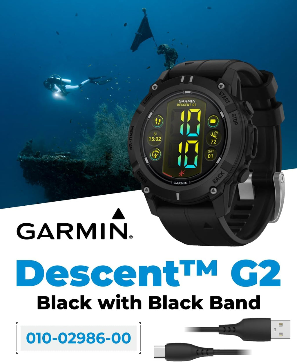 Garmin Descent G2 Watch-Style Dive Computer Smartwatch Black with Black Silicone Band, AMOLED Display, Diving PowerBank Bundle