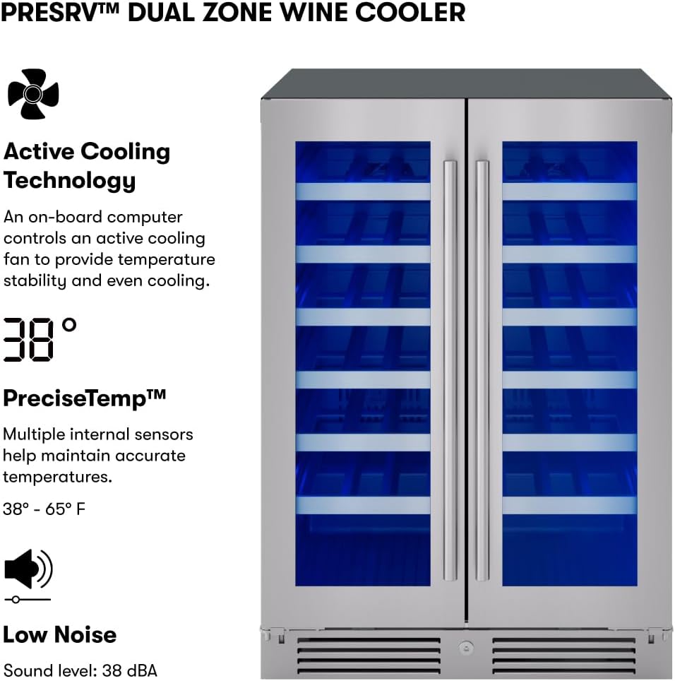 Zephyr Presrv 24' Wine Fridge Dual Zone Under Counter - Countertop Mini Wine Cooler Cellars Small Cabinet Wine Refrigerator Home Bar Chiller Freestanding with French Glass Door, 21 Bottles 750ml