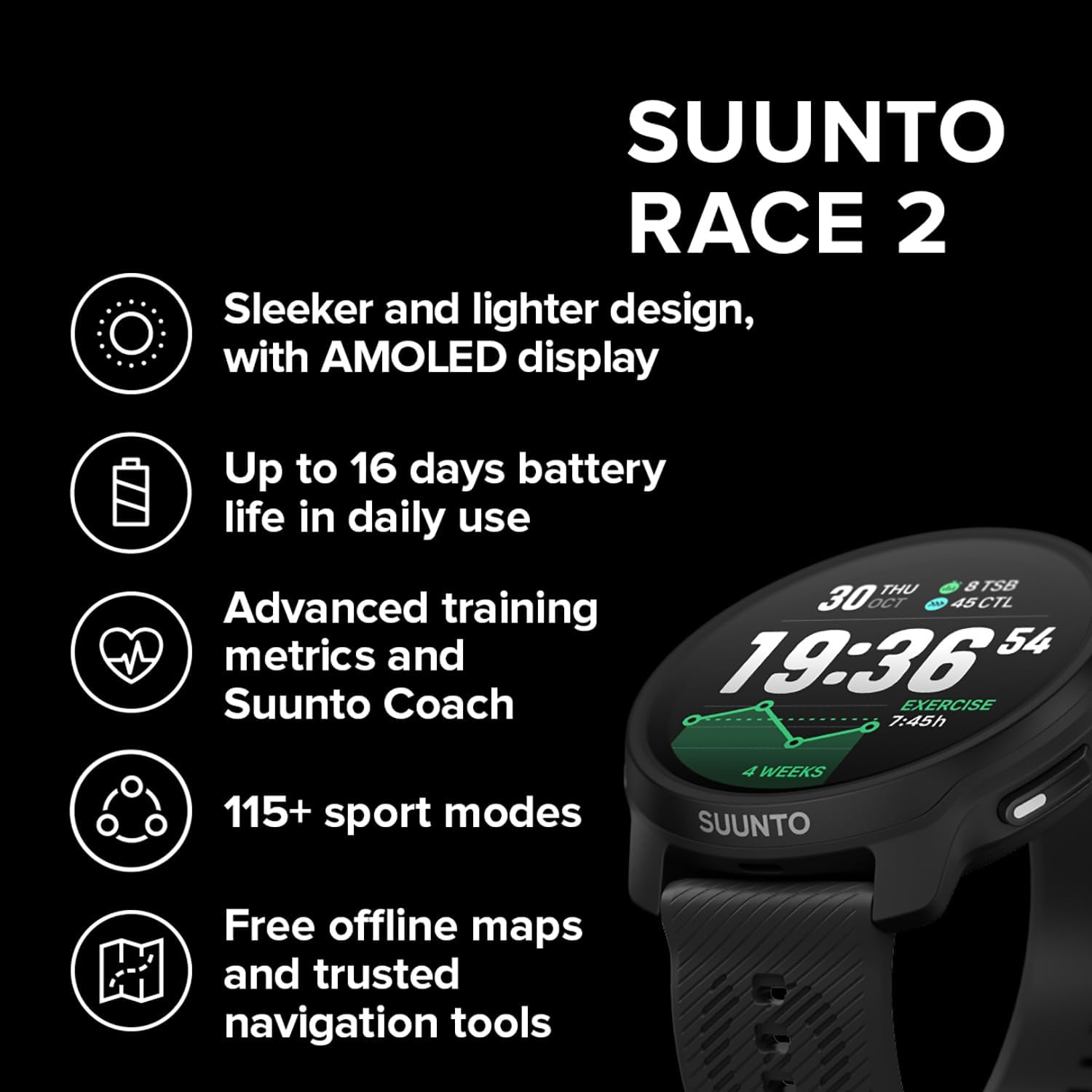 SUUNTO Race 2 GPS Sports Watch, 1.5' AMOLED Touchscreen w/Crown, 16 Days Battery Life, Training Metrics and Recovery Insights, Dual-GNSS, 32GB Global Offline Maps, Lightweight, All Black