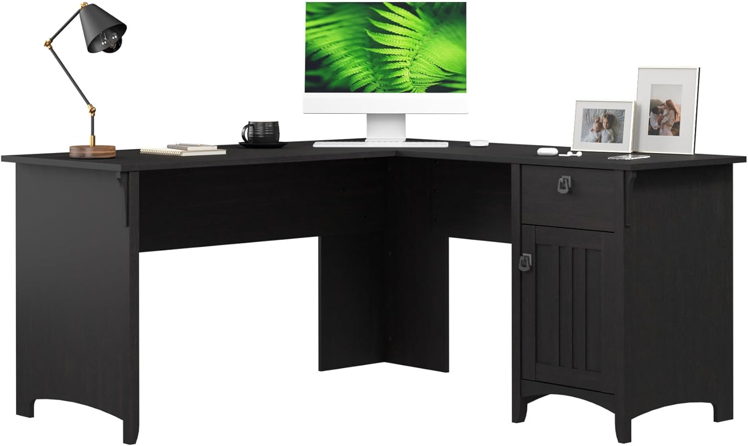 Bush Home L Shaped Desk with Storage for Home Office, Modern Farmhouse Corner Table with Drawers and Cabinets, Salinas Collection, Vintage Black