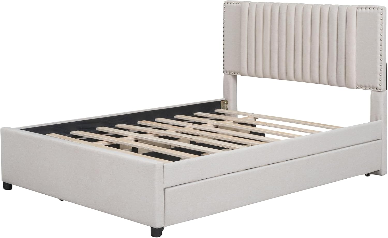 DNYN Full Size Upholstered Platform Bed with Trundle(Twin) & 2 Drawers for Kids Bedroom,Wooden Linen Fabric Bedframe w/Storage & Classic Heardboard,No Box Spring Needed, Beige