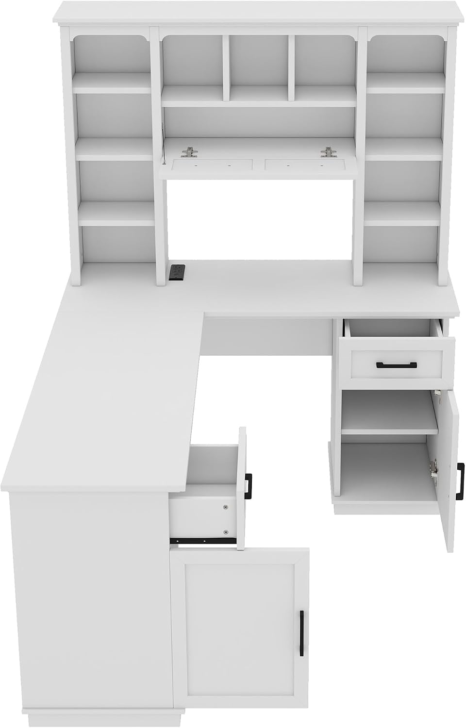 RuiSiSi L-Shaped Computer Desk with Hutch, Home Office Corner Desk with Drawers and Cabinet, Open Storage Shelves, Multi-Functional Writing Table for Study Room Bedroom Living Room, White