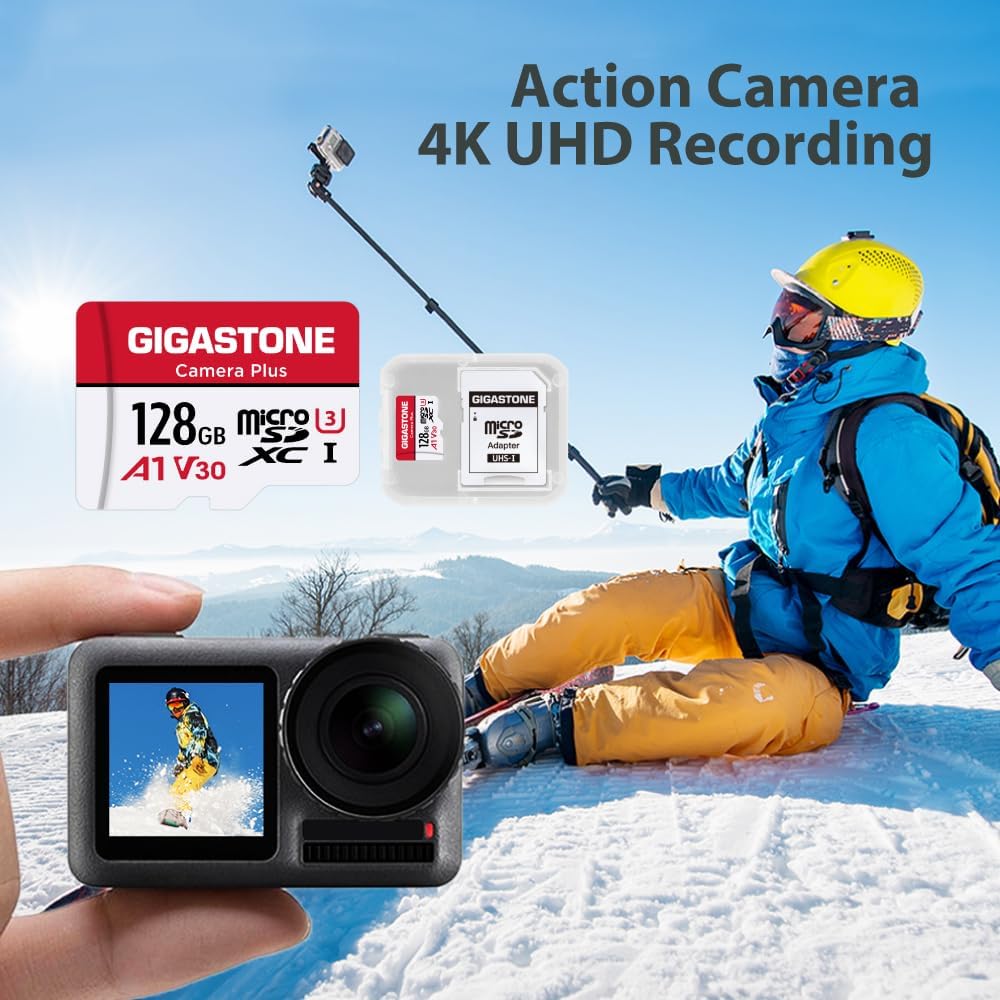 GIGASTONE 128GB Micro SD Card 2-Pack, Camera Plus, Compatible with GoPro, Security Camera, Dash Cam, Speed up to 100MB/s, 4K Video Recording, Micro SDXC UHS-I A1 V30 U3 Class 10