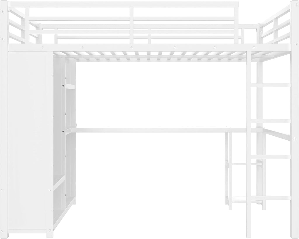 Modern Queen Size Metal Loft Bed Frame with Built-in Wardrobe,Desk and Storage Shelves, for Kids Teens Adults Bedroom Use (White#o, Queen)