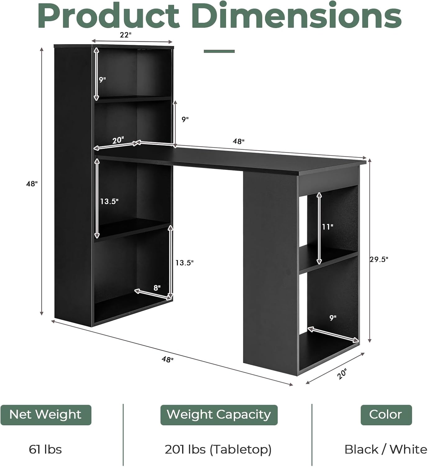 Giantex 48 Inch Computer Desk with Bookshelf, 3-in-1 Home Office Desk with 4-Tier Bookcase & CPU Stand, Space-Saving Reversible Writing Desk Work Table for Bedroom, Study Room, Office (Black)