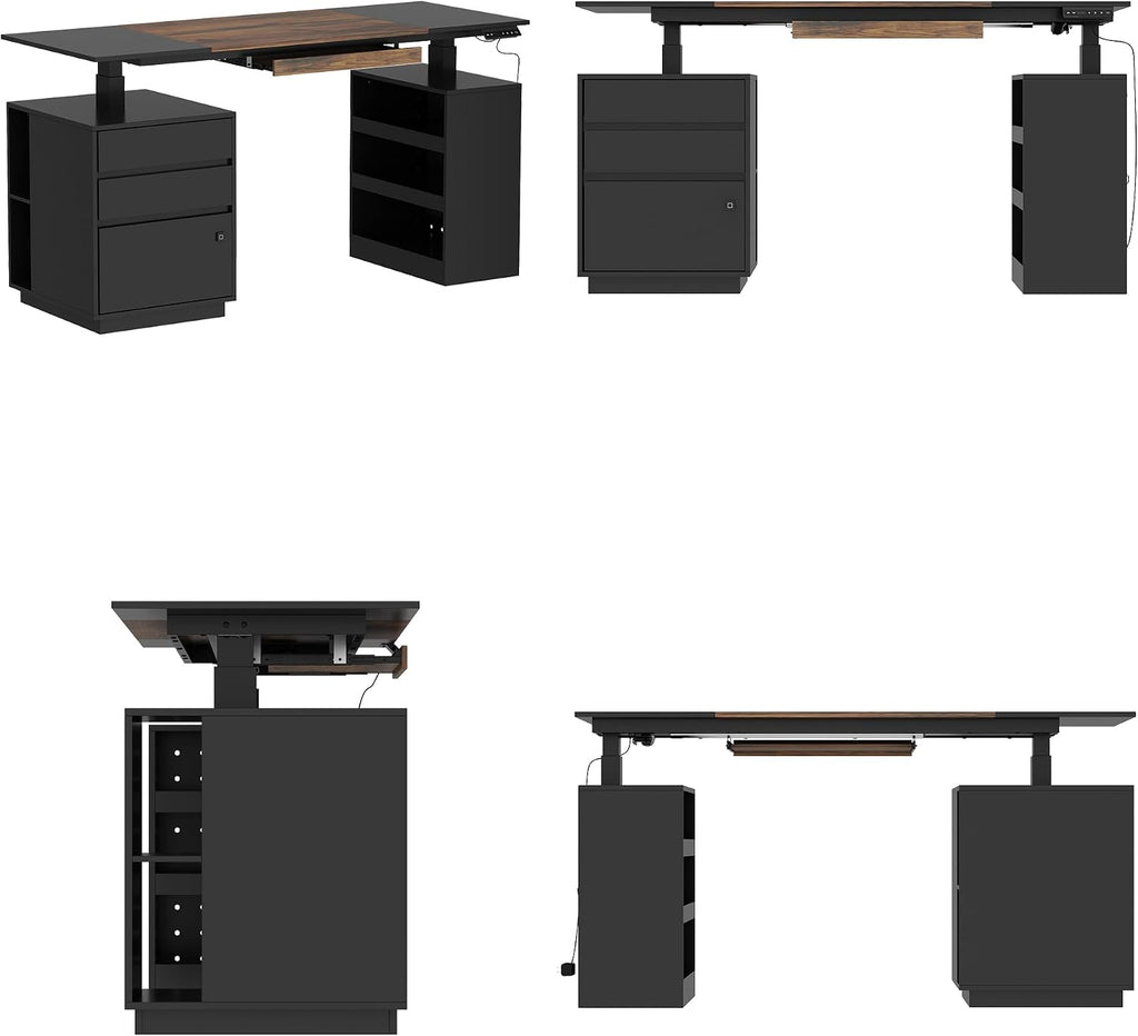 63' W Height Adjustable Standing Desk with Drawers & Fingerprint Lock, Electric Stand up Desk with Metal Pegboard, I Shaped Home Office Table Corner Computer Workstation, Black (29.8'-45.3' H)