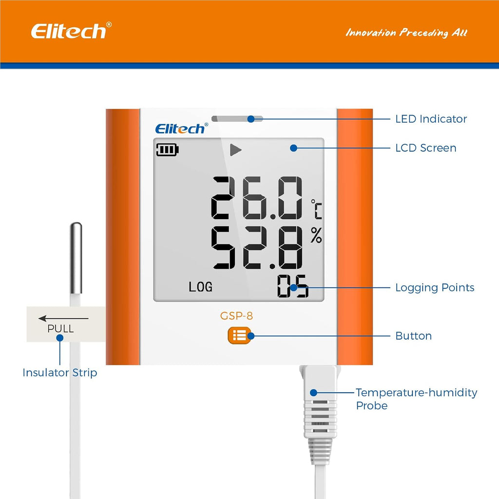 Elitech Digital Temperature Humidity Data Logger Medical Refrigerator Thermometer Vaccine Fridge Temperature Monitor Max Min Value, GSP-8, 10 Pack