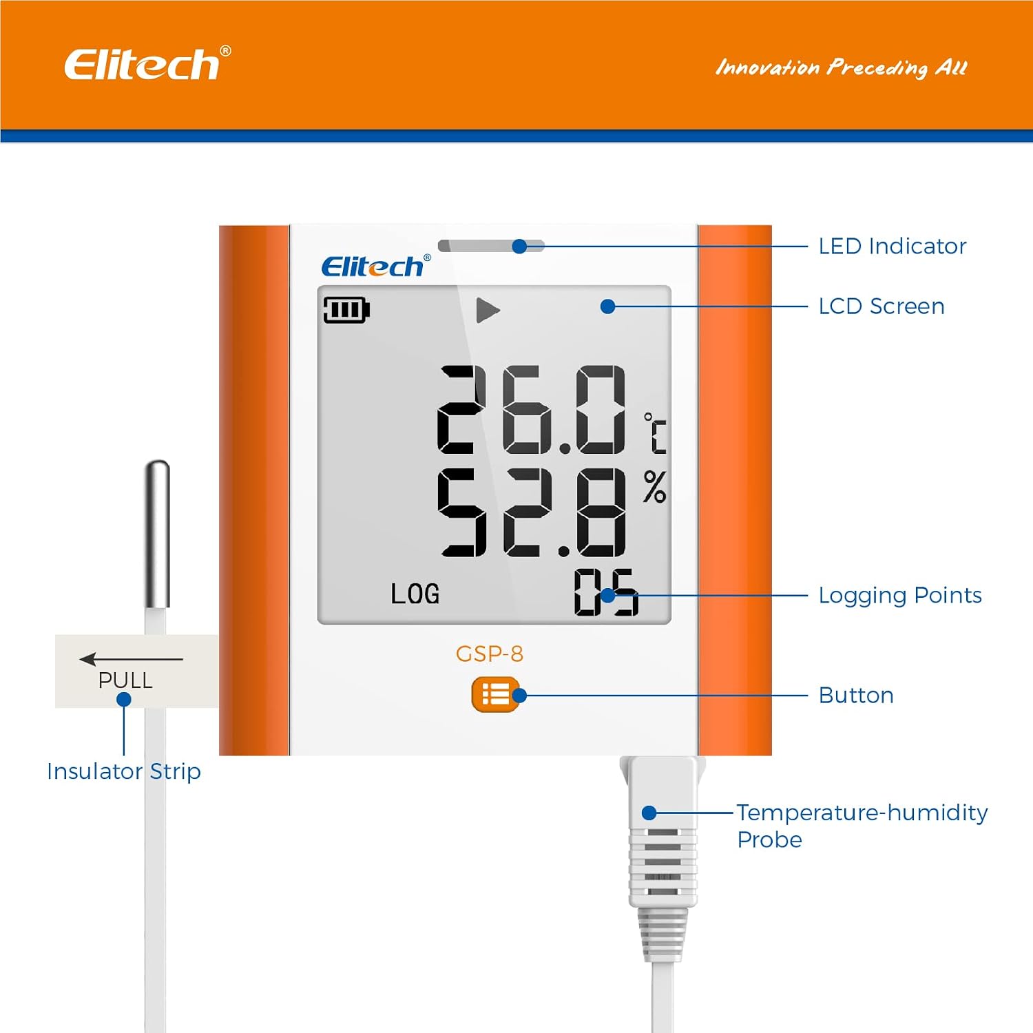Elitech Digital Temperature Humidity Data Logger Medical Refrigerator Thermometer Vaccine Fridge Temperature Monitor Max Min Value, GSP-8, 10 Pack
