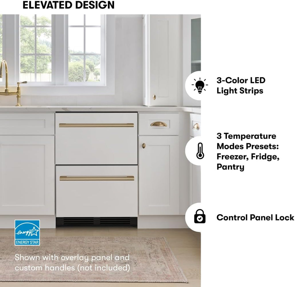 Zephyr 24' Presrv™ Panel Ready Refrigerator Freezer Drawers - Dual Zone Built In Fridge with Modes for Freezer, Fridge and Pantry, LED Lighting, Soft Close (Panels, handles are not included)
