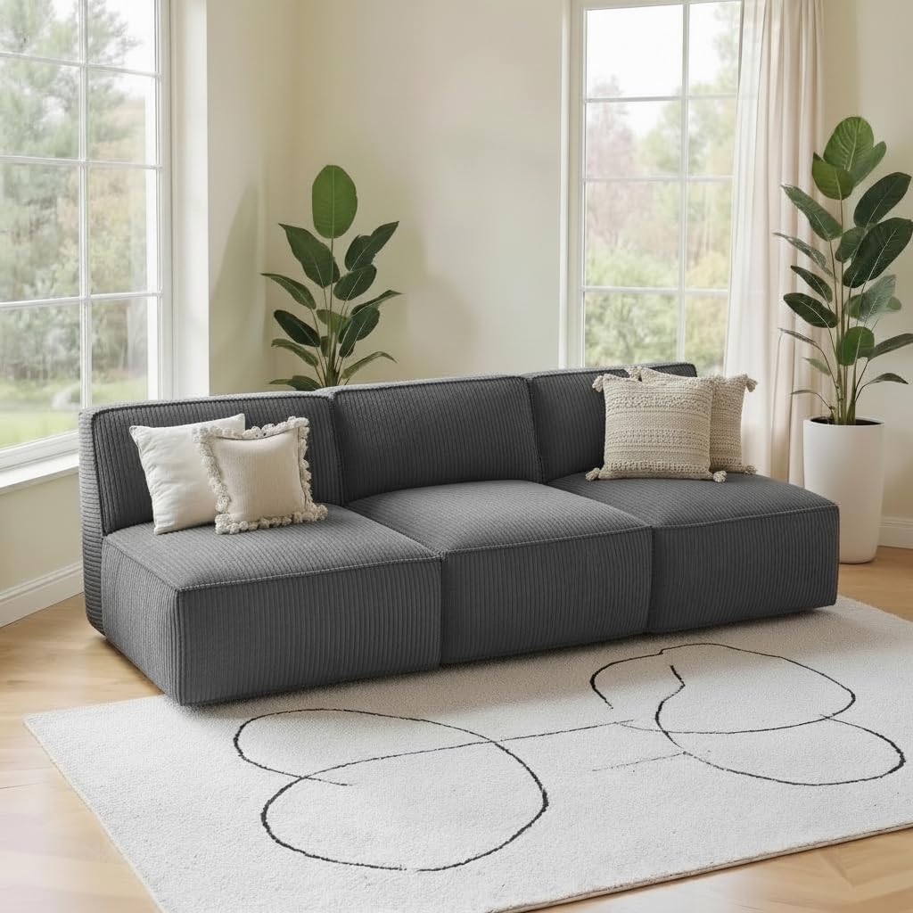 Amada Modular Sofa, Corduroy Cloud Couch with Deep Seats & High Back, Upholstered 3-Seater Couches for Living Room Bedroom, No Assembly Required (Grey)