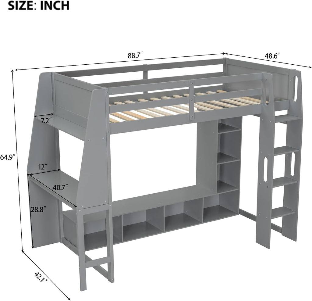 Solid Wood Gaming Loft Bed Twin Size with Desk & Shelves & Hanging Rack & LED,Esports Design for PC & Console Gamers,Space Saving Loft Bed Frame with Guardrails & Ladder,No Box Spring Needed,Gray