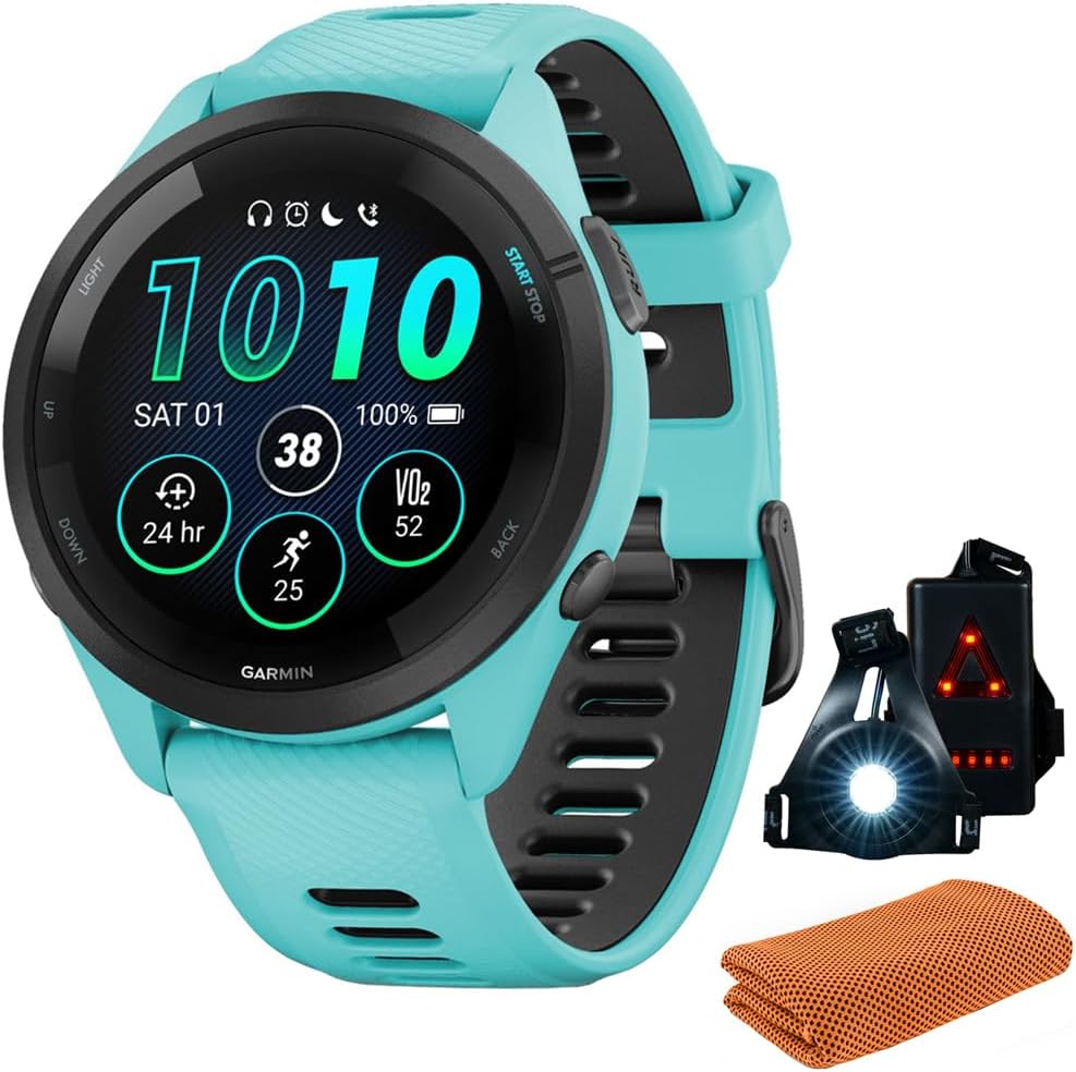 Garmin 010-02810-02 Forerunner 265 GPS Smartwatch, Aqua/Black | Official USA Partner Model | Bundle with Workout Cooling Sport Towel + Deco Essentials Wearable Commuter Front & Rear Safety Light