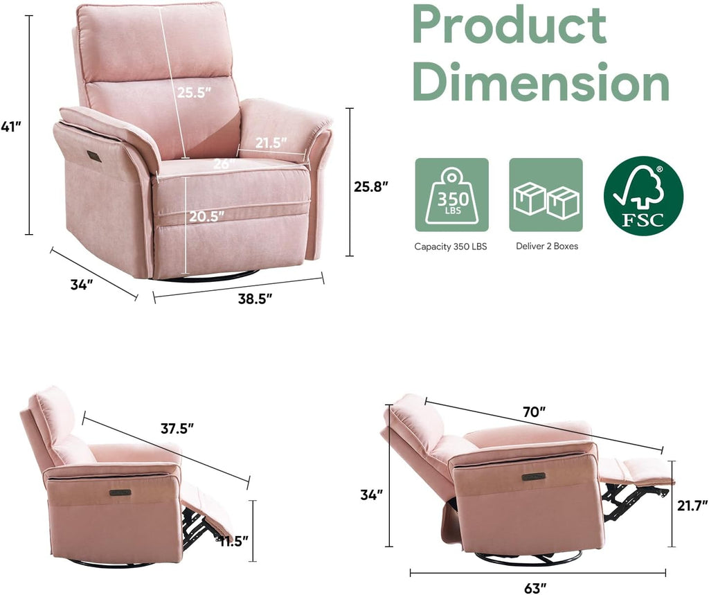 Oversized Rocking Chair Nursery with Massage and Heat, Glider Recliner Nursery Chair with Adjustable Headrest, Power Swivel Rocker Recliner Chair with USB Port, Pink