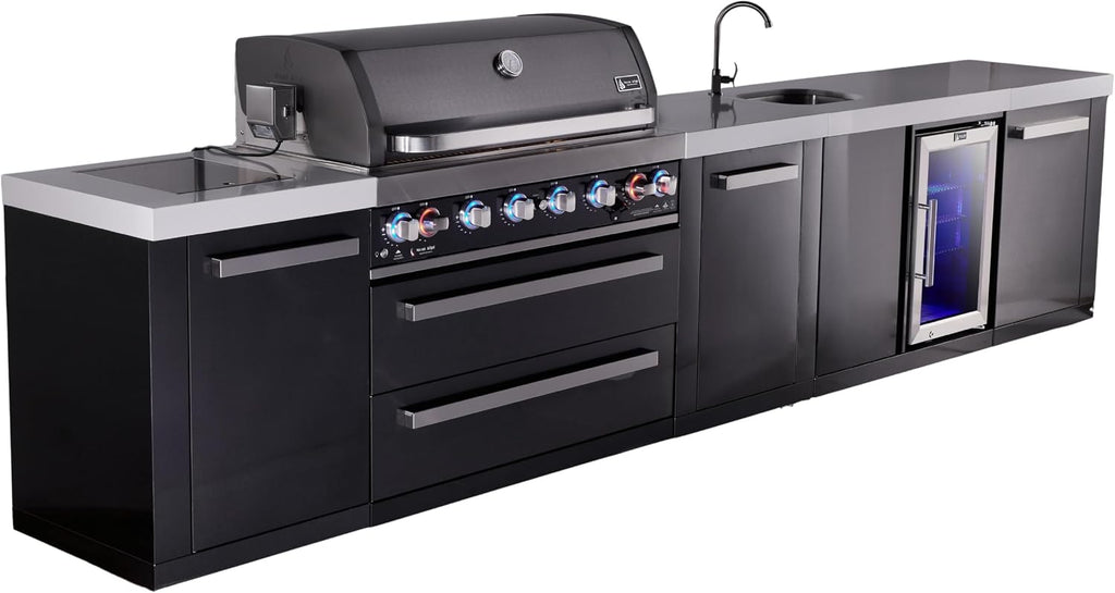 Mont Alpi Premium 157' Black Stainless Steel Outdoor Kitchen Island with Refrigerator + Beverage Center Faucet & Sink + 44'W 6-Burner BBQ Gas Grill + Granite Countertops + Storage Cabinets & Drawers