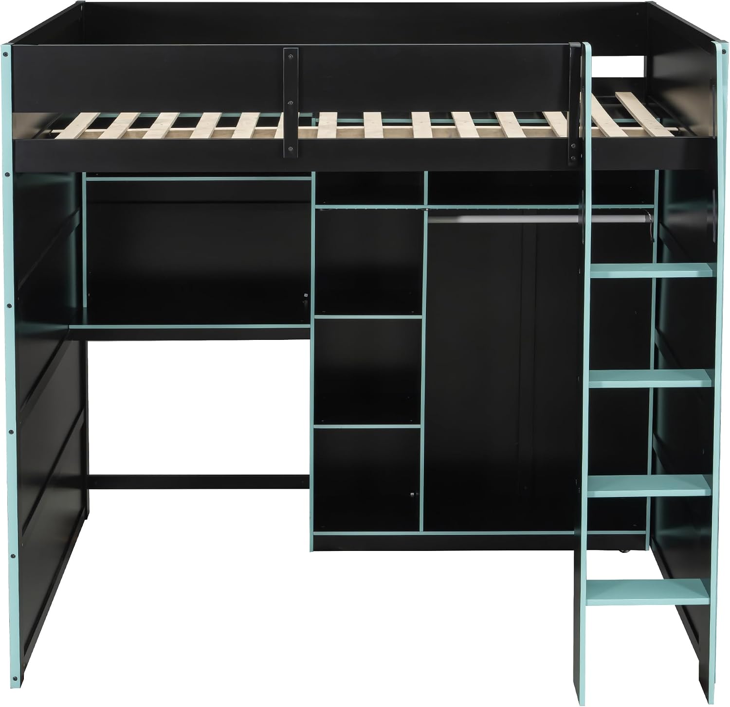 Merax Wood Loft Bed with Desk, Open Wardrobe, Storage Compartments and RGB Lights, Full Size, Cloud Blue
