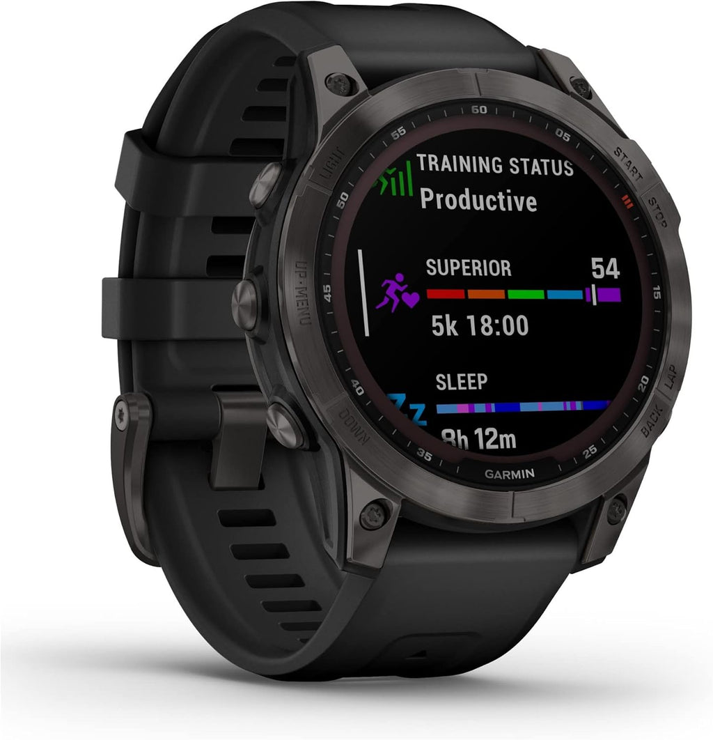 Garmin 010-02540-34 Fenix 7 Sapphire Solar, Adventure smartwatch, Solar Charging Capabilities, Rugged Outdoor GPS Watch, Touchscreen, Health and Wellness Features, Black DLC Titanium with Black Band