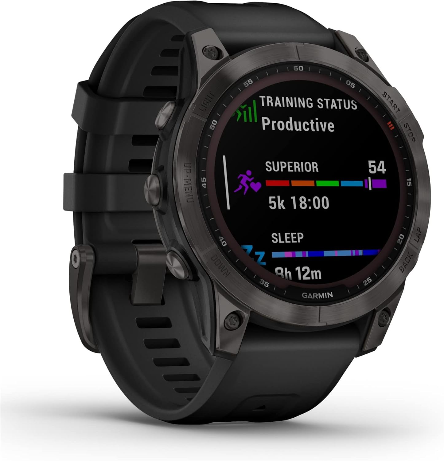 Garmin 010-02540-34 Fenix 7 Sapphire Solar, Adventure smartwatch, Solar Charging Capabilities, Rugged Outdoor GPS Watch, Touchscreen, Health and Wellness Features, Black DLC Titanium with Black Band