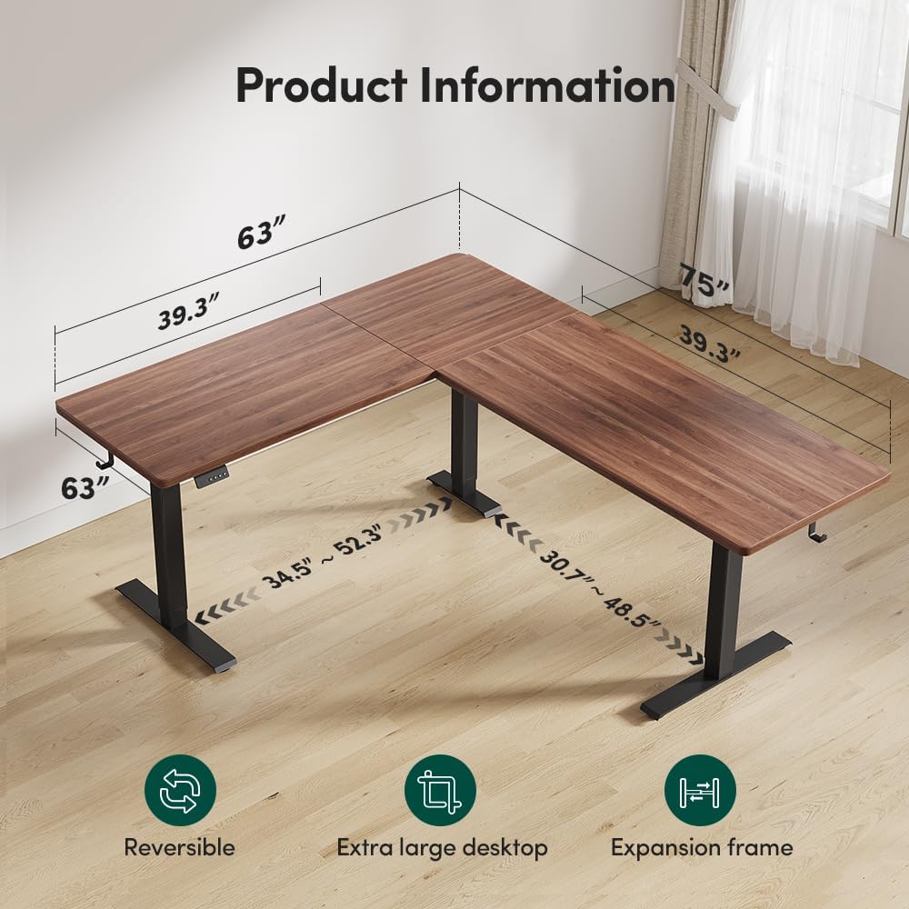 FEZIBO 75x63 L Shaped Standing Desk, Electric Height Adjustable L Shaped Desk, Suitable for Home Office, Black Walnut