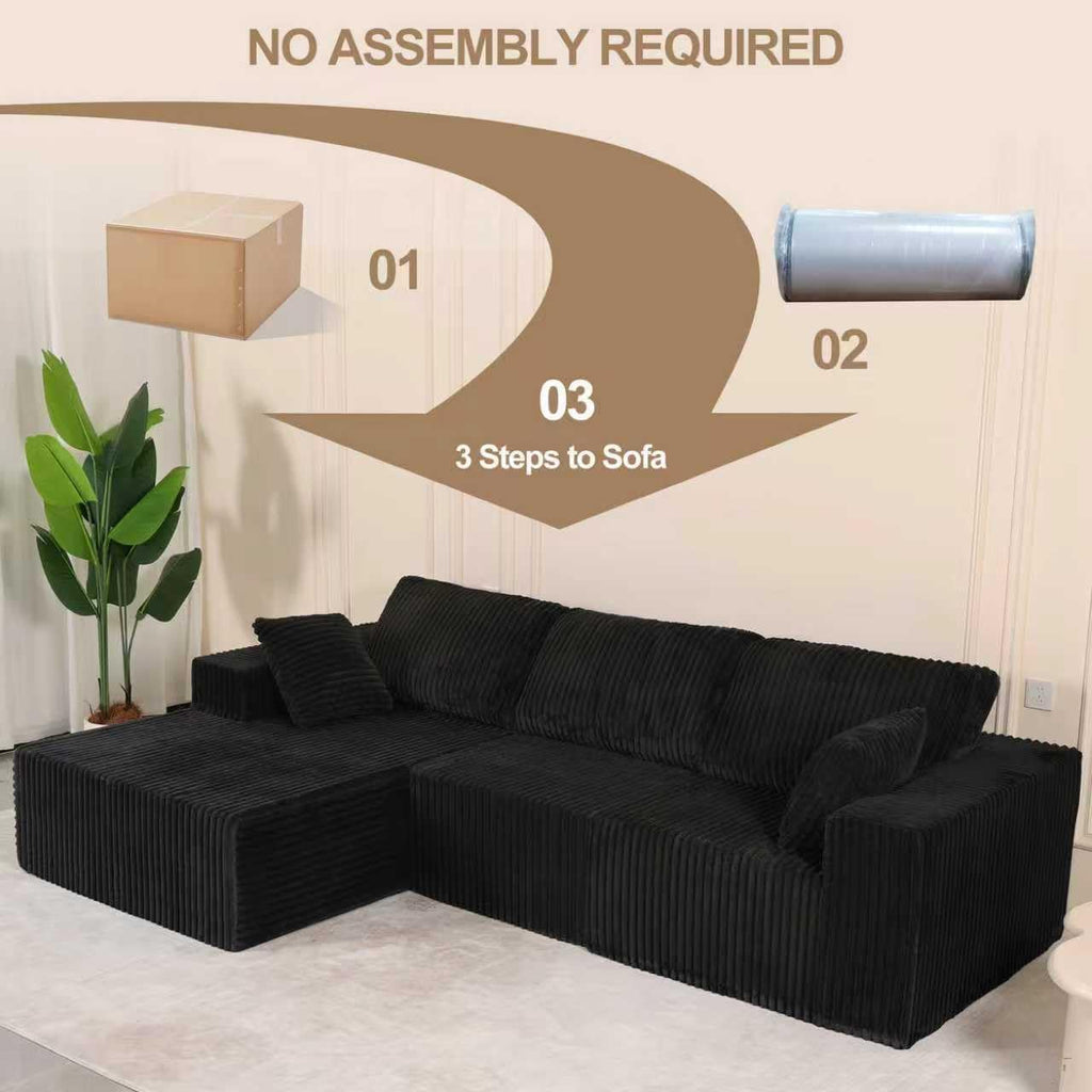 L Shaped Modular Boneless Sectional Couches for Living Room, Wide Armrest, Deep Seat, Memory Foam, Assembly Free, Modern Comfy Corduroy Fluffy Cloud Sofa with Left Chaise, Black